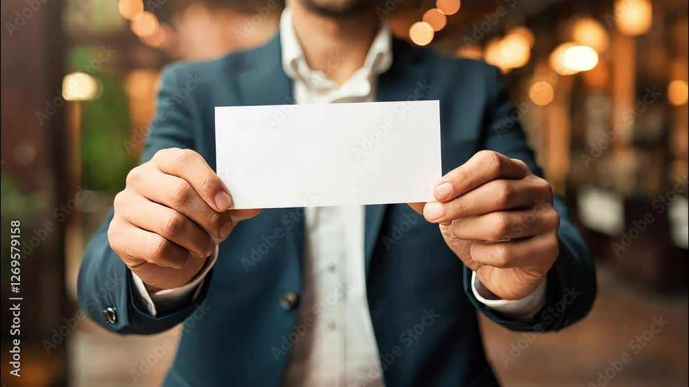 Man in a suit holds a white card in the hand, concept of business plan Man in a suit holds a white card in the hand, concept of business plan