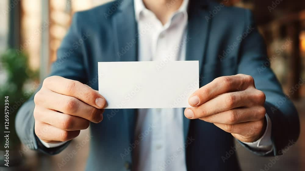 Man in a suit holds a white card in the hand, concept of business plan Man in a suit holds a white card in the hand, concept of business plan