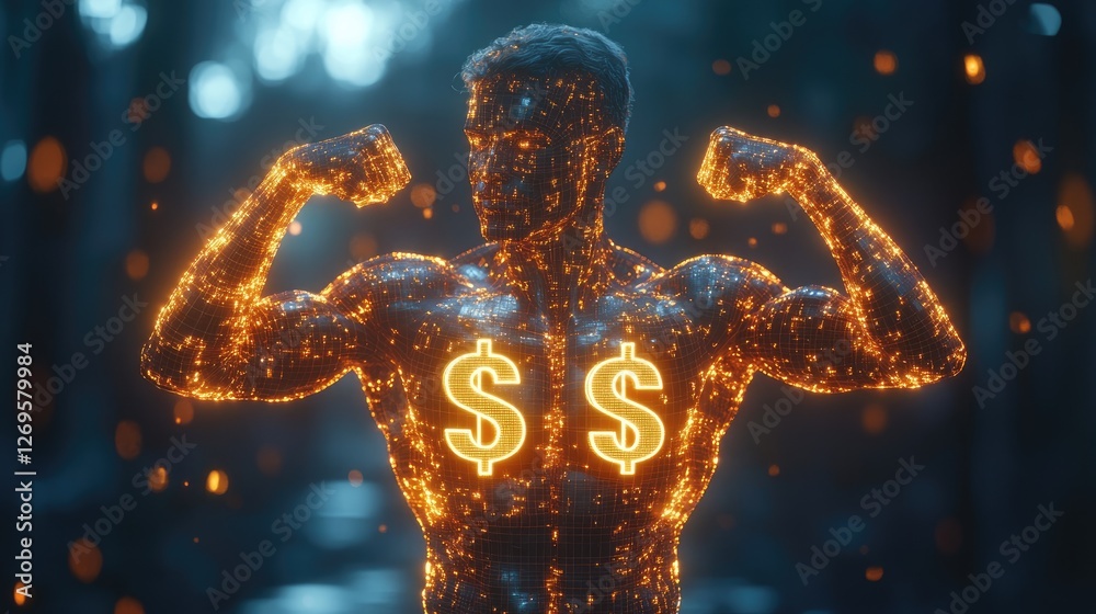 custom made wallpaper toronto digitalA glowing figure flexes muscles, with dollar signs illuminating its chest, symbolizing wealth.