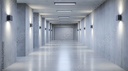 narrow corridor in parking garage with gray concrete walls and bright lighting creates modern and spacious atmosphere. sleek design enhances feeling of openness and cleanliness
