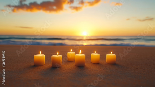 serene scene of lit candles on beach at sunset, creating tranquil atmosphere. warm glow of candles contrasts beautifully with vibrant colors of sky and ocean waves