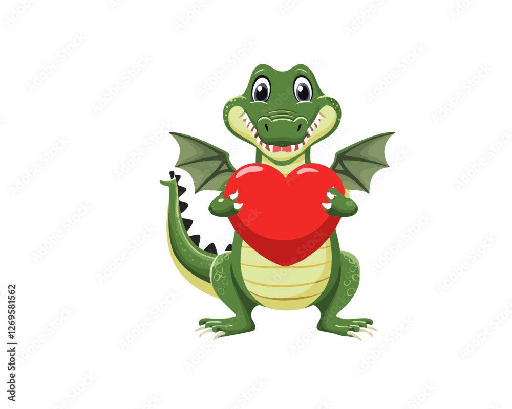 Obraz premium Cute green dragon, cartoon creature, holding heart, Valentine's Day icon, love symbol