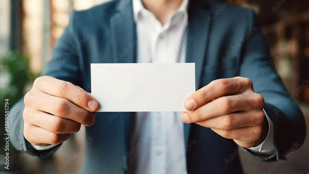 Man in a suit holds a white card in the hand, concept of business plan Man in a suit holds a white card in the hand, concept of business plan