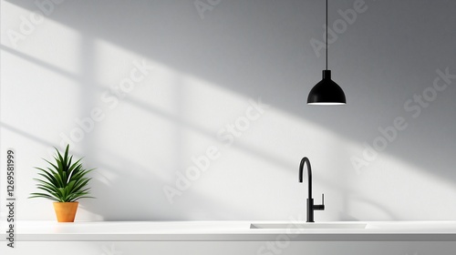 Minimalist kitchen sink with plant and pendant light.