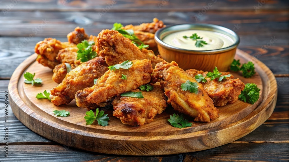 Crispy fried chicken wings with a golden brown coating, sprinkled with paprika and parsley, served on a wooden platter with a side of creamy dipping sauce, parsley, crispy Crispy fried chicken wings with a golden brown coating, sprinkled with paprika and parsley, served on a wooden platter with a side of creamy dipping sauce, parsley, crispy