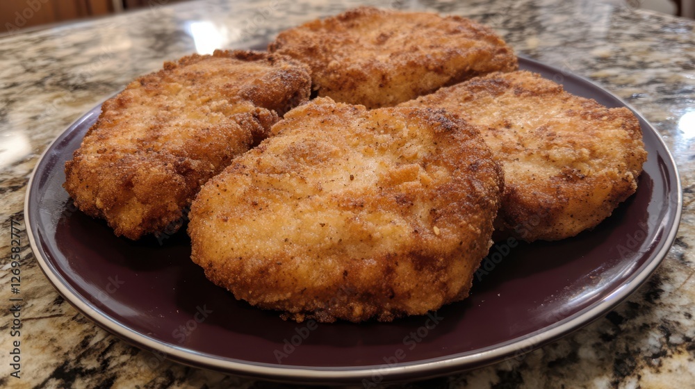 Golden southern fried pork chops stacked on a bun with tangy pickles and fresh lettuce. Golden southern fried pork chops stacked on a bun with tangy pickles and fresh lettuce.