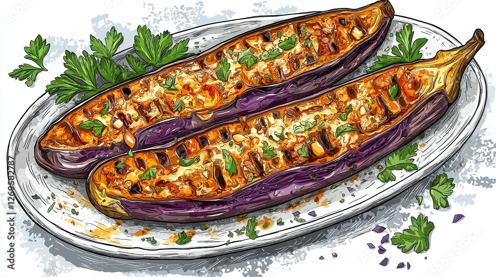 illustration of a grilled eggplant dish with tahini sauce, white background.Generative ai illustration illustration of a grilled eggplant dish with tahini sauce, white background.Generative ai illustration