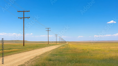 Fototapeta Naklejka Na Ścianę i Meble -  wide angle view of dirt road lined with high voltage powerlines under clear blue sky, showcasing vastness of landscape and tranquility of rural life