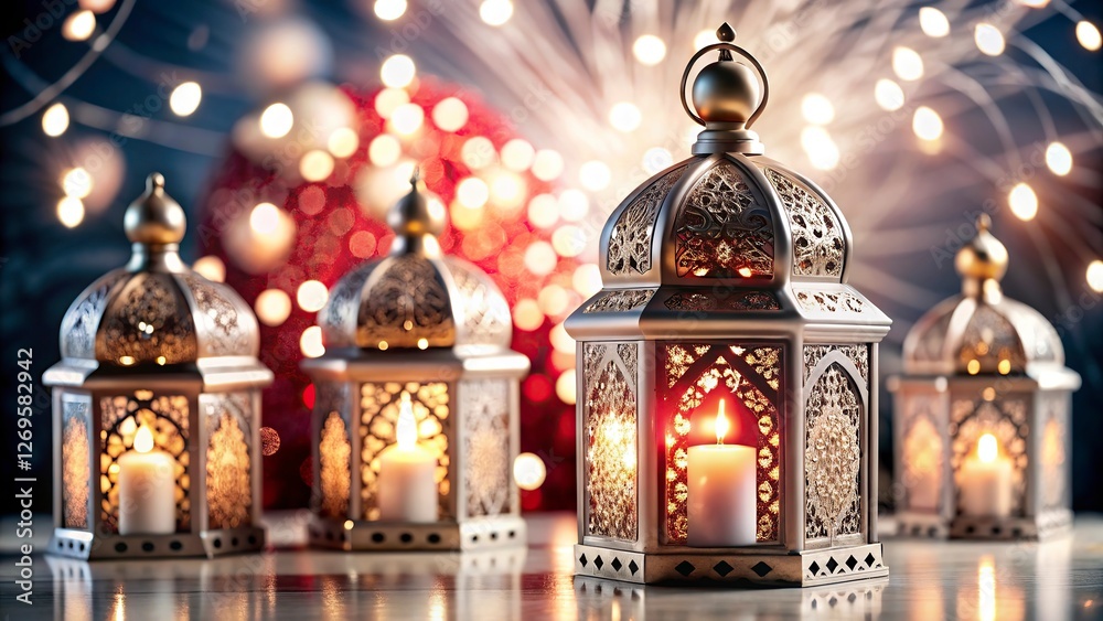 Obraz premium ramadan kareem New Background Ornate Arabic lanterns glowing candles, Ramadan decorations, golden domes, Islamic patterns, soft bokeh background