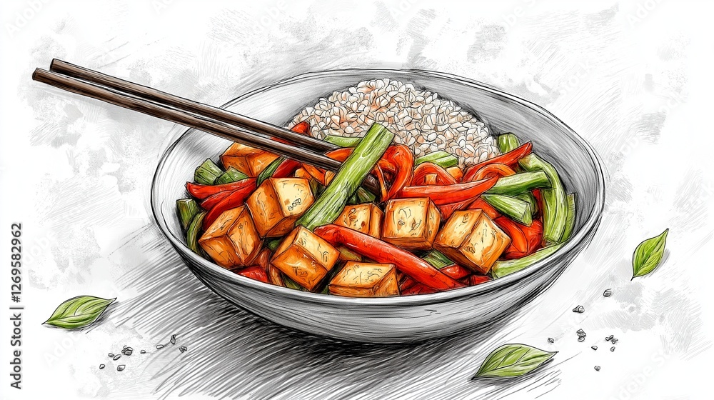 A captivating hand-drawn illustration of a delicious stir-fry dish featuring tofu, bell peppers, and green beans, served on a bed of rice.Generative ai illustration A captivating hand-drawn illustration of a delicious stir-fry dish featuring tofu, bell peppers, and green beans, served on a bed of rice.Generative ai illustration