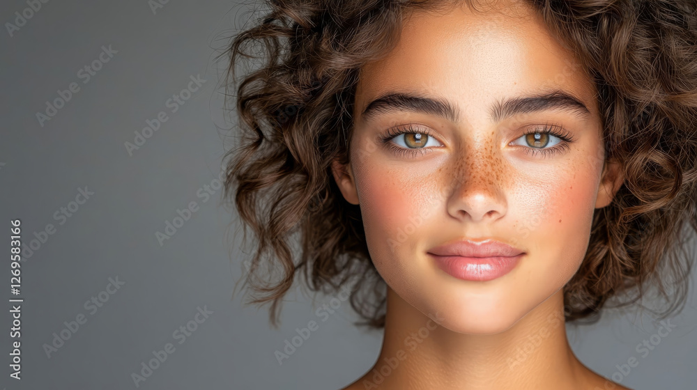 Fototapeta premium close up portrait of young woman with curly hair and freckles, showcasing her natural beauty and expressive features. soft lighting enhances her radiant skin tone and captivating eyes