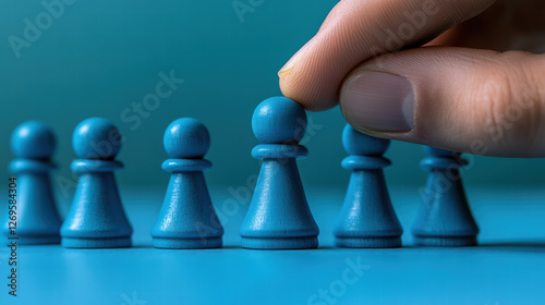 Strategic hand positioning blue pawn in game, symbolizing decision making and leadership. image conveys focus and intent in competitive environment