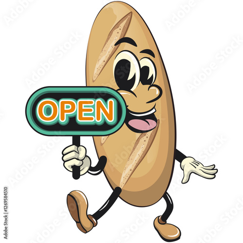 baguette bread cartoon isolated vektor illustration mascot character showing a sign that says open, work of hand drawn