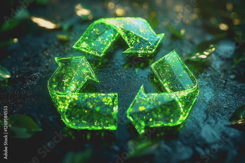 Green recycling symbol on a black surface representing sustainability and environmental awareness photo