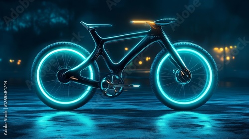 3D futuristic bicycle concept with glowing wheels and a carbon fiber frame.  photo