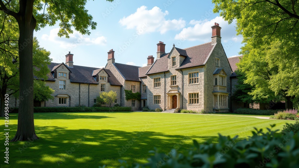 College tour, Historic stone buildings green quad clear sky photorealistic college scene. College tour, Historic stone buildings green quad clear sky photorealistic college scene.