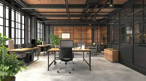 Contemporary office space featuring industrial design elements and greenery photo