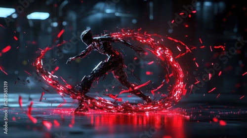 Futuristic Cybernetic Figure with Flowing Red Energy Motion Effects