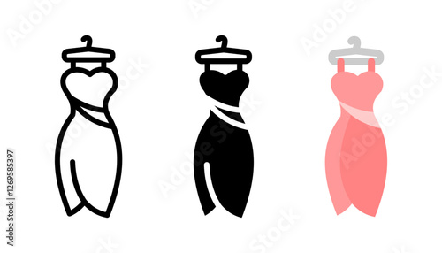 Elegant dress icon. Fashion gown sign. Formal evening wear symbol. Stylish clothing for special occasions pictogram. Luxury and beauty illustration.