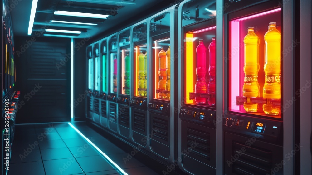 Fototapeta premium 3D futuristic vending machine dispensing glowing energy drinks in a sleek sci-fi setting.