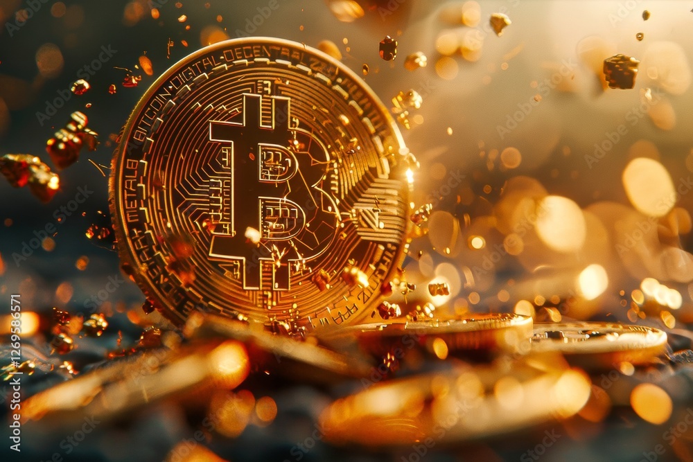Fototapeta premium Golden bitcoin logo shines amidst a sparkling background of coins and light