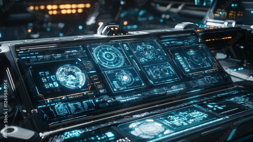 Obraz premium 3D model of a futuristic spacecraft cockpit with multiple holographic control panels.