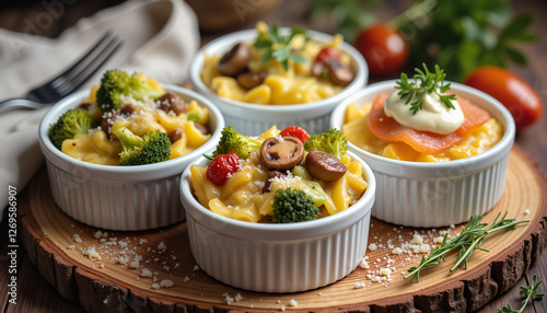 Gourmet mini casseroles on rustic board, inviting culinary delight photo