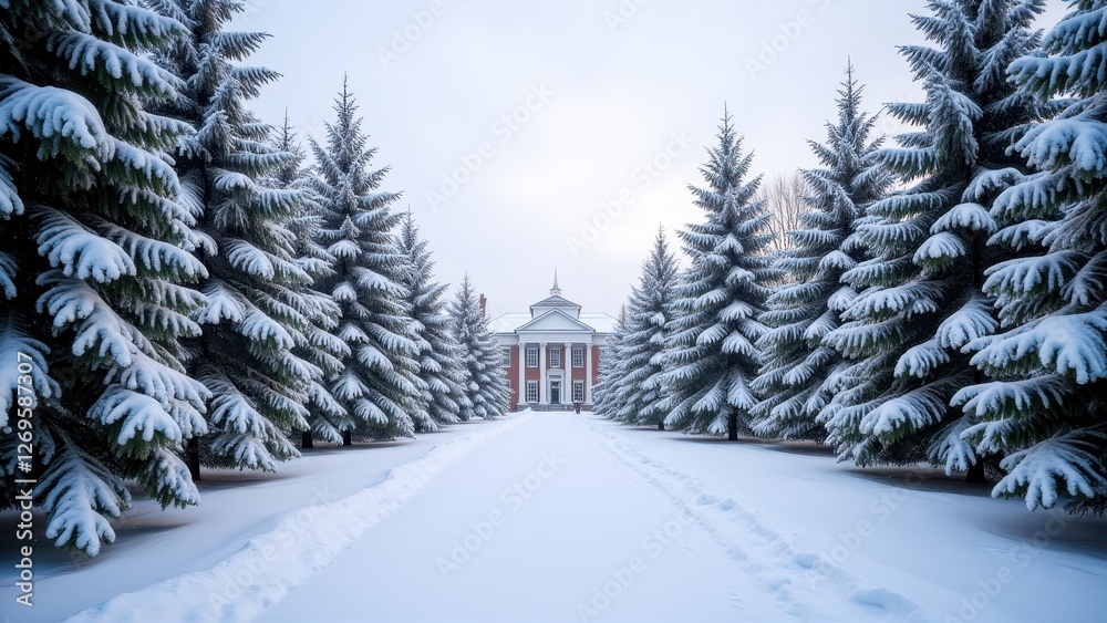 College tour, Snowy landscape evergreen trees festive campus clear winter scene photorealistic. College tour, Snowy landscape evergreen trees festive campus clear winter scene photorealistic.