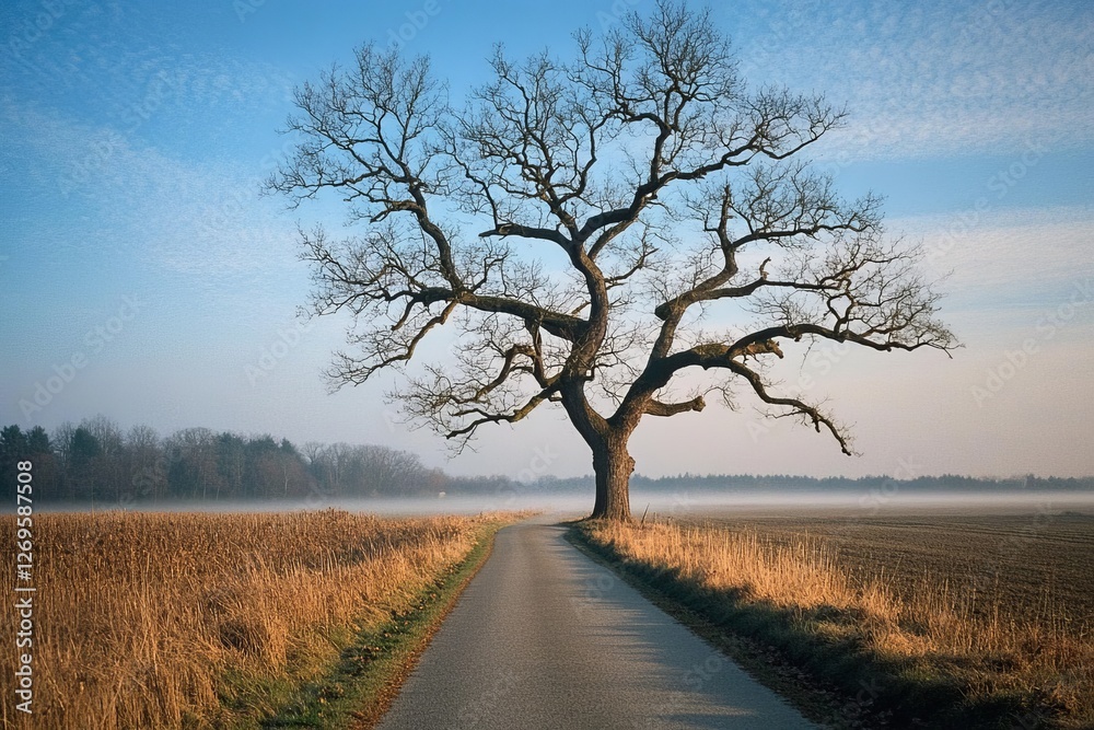 Lonely oak tree beside a country road through a misty field Lonely oak tree beside a country road through a misty field