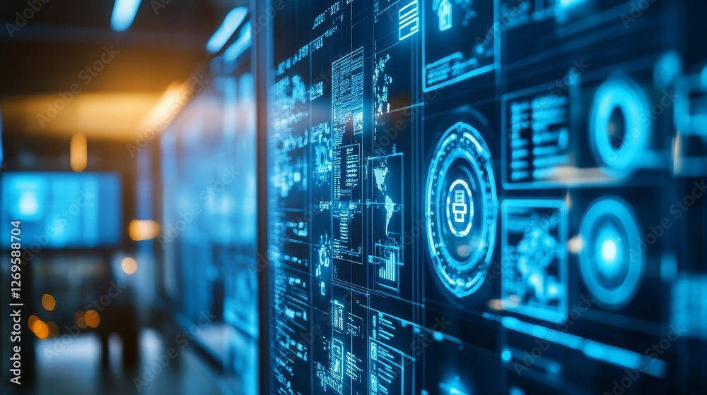 Futuristic data screen displays glowing blue information. Futuristic data screen displays glowing blue information.