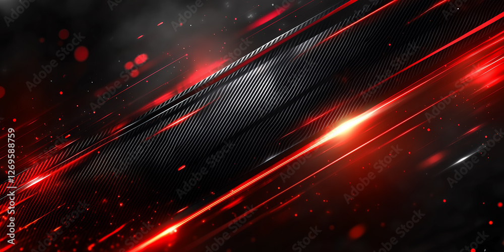 Bright red streaks contrast sharply against a dark carbon fiber technology led light background, creating a fluid and energetic visual effect that evokes motion and excitement.