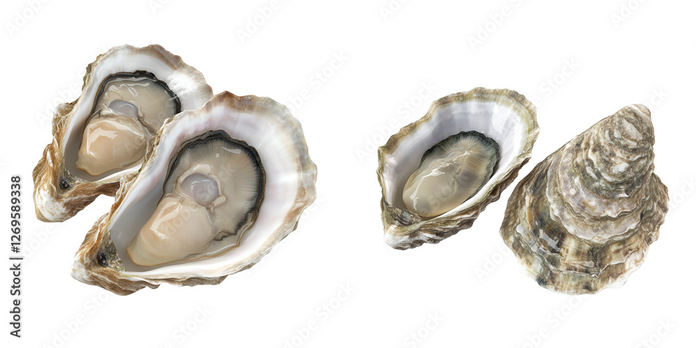 Fresh Raw Oysters Opened on White Background for Culinary Presentation and Seafood Delicacy Showcase Fresh Raw Oysters Opened on White Background for Culinary Presentation and Seafood Delicacy Showcase