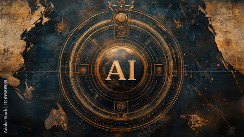 AI surrounded by intricate designs and celestial elements, showcasing technology