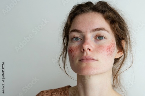 A young woman with fair skin and rosacea on her cheeks looks directly at the camera with a neutral expression. The image highlights skin conditions, dermatology, and natural beauty.