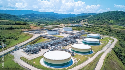 Aerial View of Industrial Storage Tanks and Pipelines in a Hilly Landscape photo