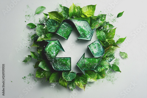 Green recycling symbol formed by natural leaves representing eco-friendly and sustainability concepts photo