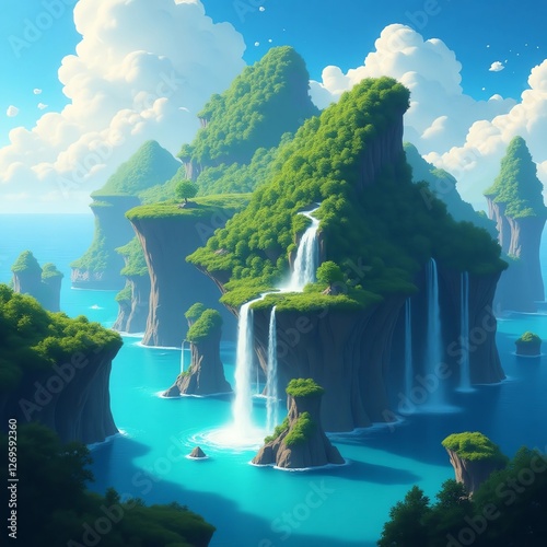 A series of floating islands covered in lush greenery, waterfalls cascading down into a glowing blue ocean, fantasy dreamlike atmosphere, magical particles floating in the air, highly detailed, 4K ult