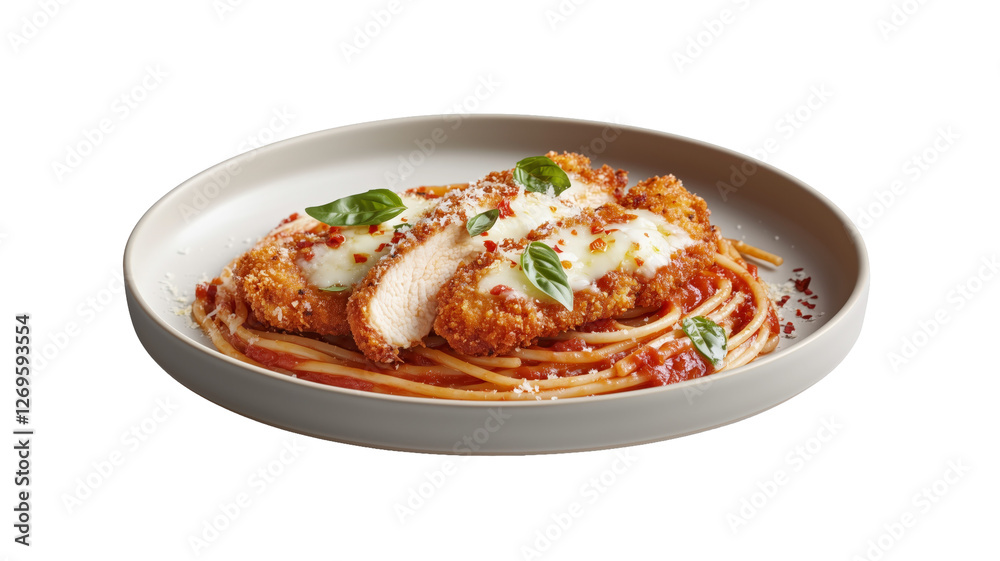 Chicken Parmigiana with Spaghetti: A close-up shot of a delicious chicken parmigiana with spaghetti, showcasing the crispy. Chicken Parmigiana with Spaghetti: A close-up shot of a delicious chicken parmigiana with spaghetti, showcasing the crispy.