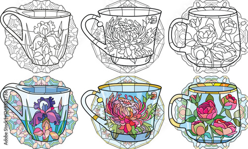 Decorative Vintage Teacups. Hand Drawn Illustration