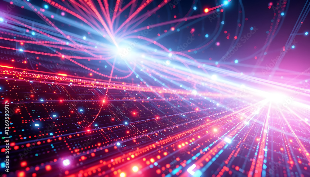 Abstract digital rendering of red and purple light trails, representing data flow and technology Abstract digital rendering of red and purple light trails, representing data flow and technology
