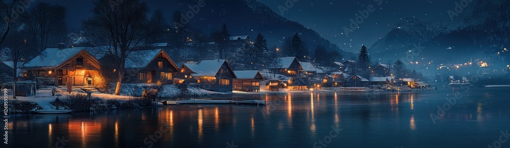 Fototapeta premium Snowy Alpine Village Night Lights Lakeside Reflections
