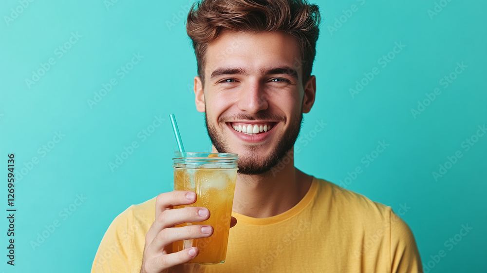 Smiling young man holding a refreshing ice tea drink against a turquoise background, summer lifestyle concept with healthy beverage, cheerful and relaxed attitude. Smiling young man holding a refreshing ice tea drink against a turquoise background, summer lifestyle concept with healthy beverage, cheerful and relaxed attitude.