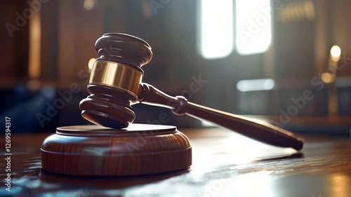 Gavel sits on wooden block in an ornate courtroom filled with natural light