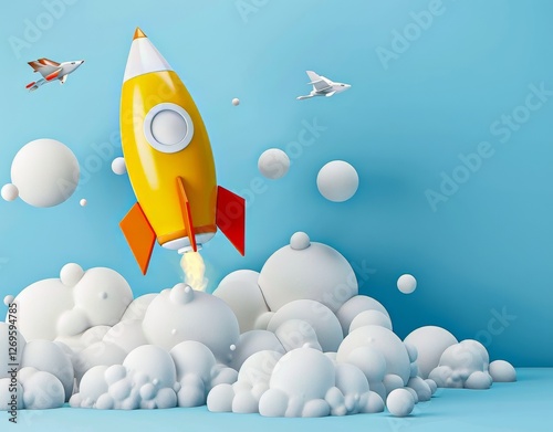 Colorful rocket launching among clouds in playful light blue setting