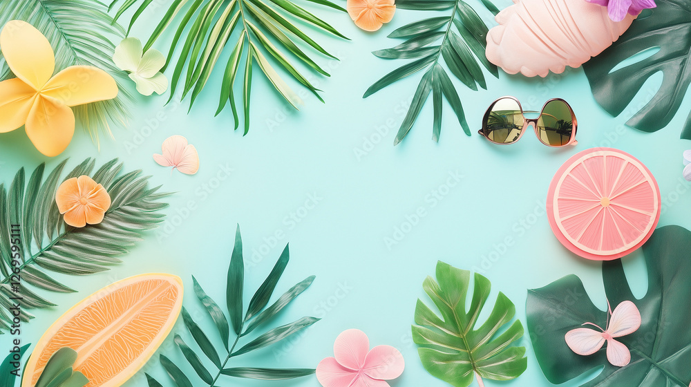 Fototapeta premium Seamless floral pattern with tropical flowers and leaves in a decorative design