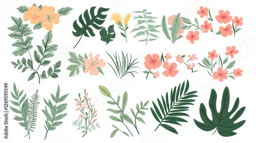 Floral vector illustration with flowers leaves and decorative elements
