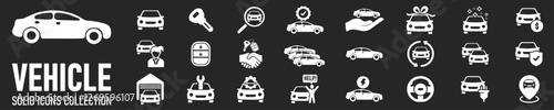 Car vehicle solid icons collection. Containing car dealer, keyless, garage, electrical vehicle etc icons. For website marketing design, logo, app, template, ui, etc. Vector illustration. Automobile