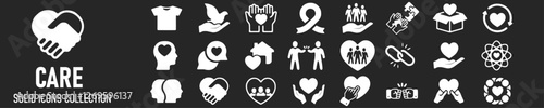 Charity and care solid icons set. Collection of hands, donations, hearts, unity and more. Vector illustration.