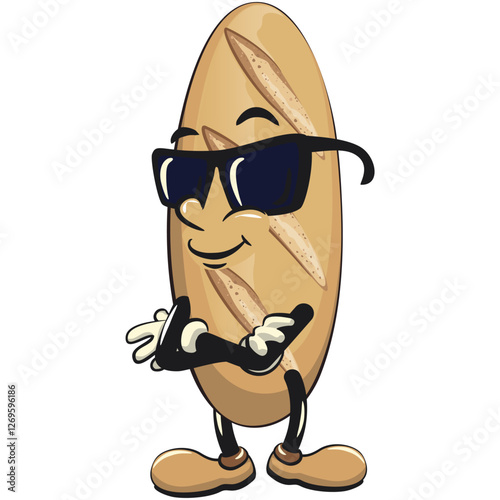 baguette bread cartoon isolated vektor illustration mascot character wearing sunglasses folding his arms calmly, work of hand drawn