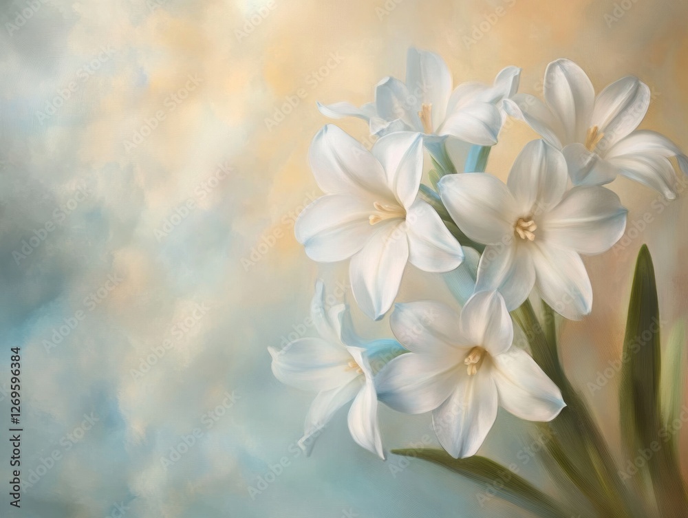 Beautiful white flowers bloom against a soft pastel background in serene light Beautiful white flowers bloom against a soft pastel background in serene light